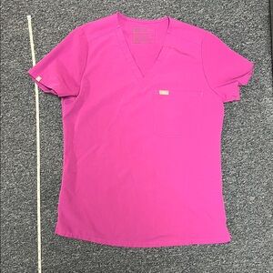 Figs Bright Pink Short Sleeve V-Neck Top